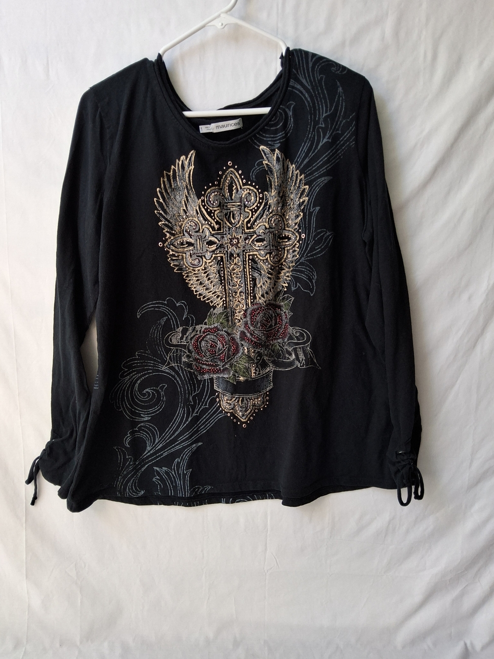Maurices Black Long Sleeve Tee with Metallic Gold Cross and Rose Embroidery